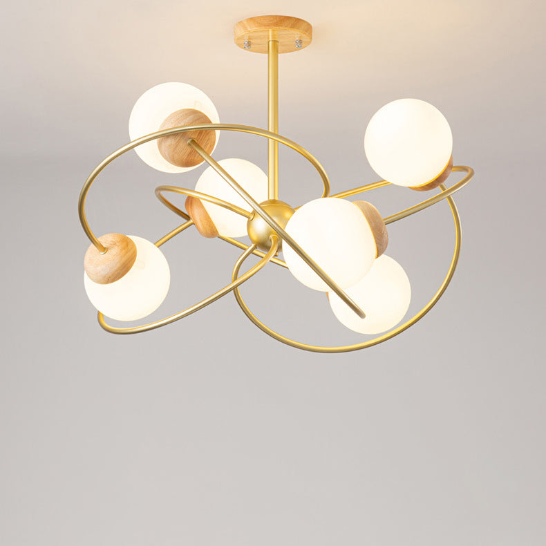 Zeitgenössischer nordischer runder Kronleuchter aus Eisen, Holz und Glas mit 4/6 Lichtern für Wohnzimmer 