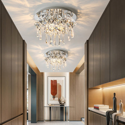 Luxe contemporain Éblouissant chaînes de cristal prismatiques Cadre rond en acier inoxydable Plafonnier encastré à 2/6/8 lumières pour salon 