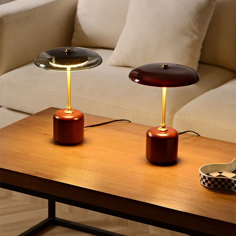 Lámpara de Mesa LED Cilíndrica Redonda de Latón Retro Contemporáneo con Madera y Vidrio para la Mesita de Noche 
