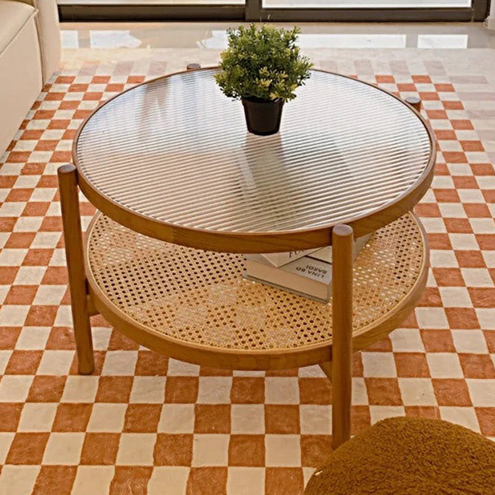 Modern Minimalist Round Horizontal Strip Glass Plastic Rattan Rubberwood Coffee Table 2-Tier For Living Room