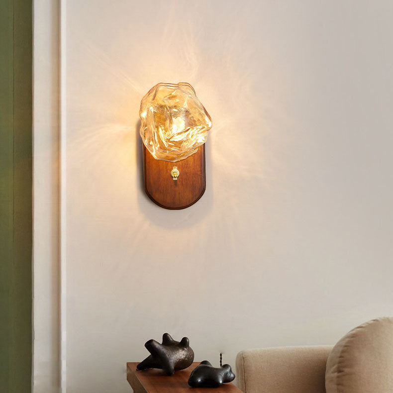 Traditional Japanese Oval Ice Cube Shape Solid Wood Glass 1-Light Wall Sconce Lamp For Bedroom