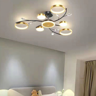 Moderne Luxus-Zweig Runde Hardware Eisen Acryl Kristall Silikon LED Semi-Flush Mount Deckenleuchte für Wohnzimmer 