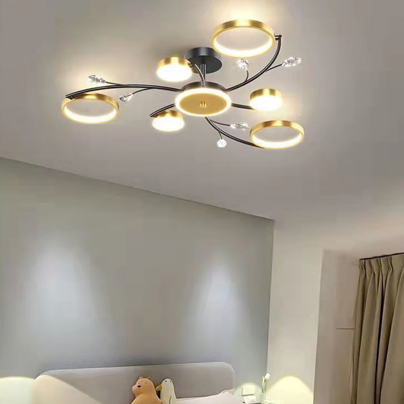 Moderne Luxus-Zweig Runde Hardware Eisen Acryl Kristall Silikon LED Semi-Flush Mount Deckenleuchte für Wohnzimmer 