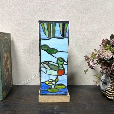 Modern Art Deco Rectangular Bamboo Wood Glass LED Table Lamp For Bedroom