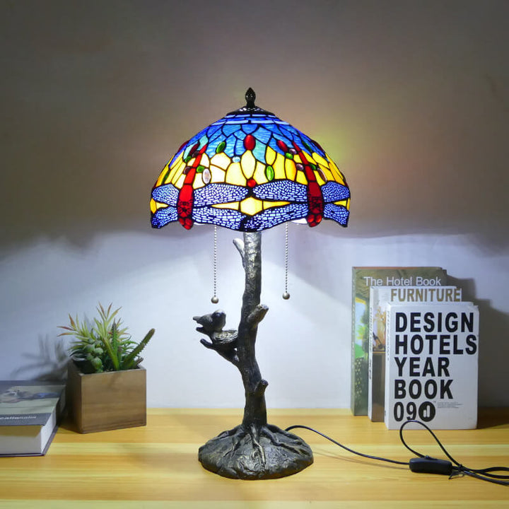 Traditional Tiffany Dragonfly Flower Stained Glass Bird Base 2-Light Table Lamp For Bedroom