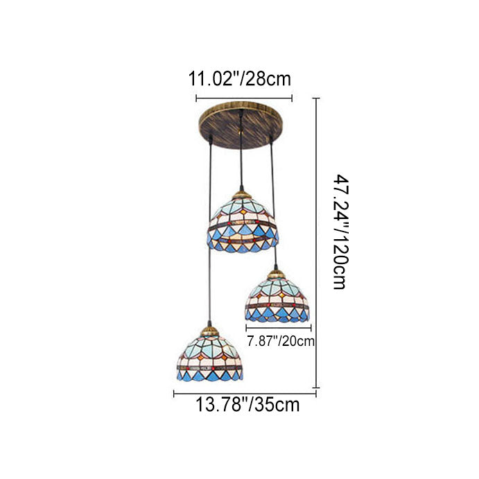 Lámpara colgante de isla de 3 luces con pantalla abovedada de vidrio Tiffany y hierro para sala de estar 