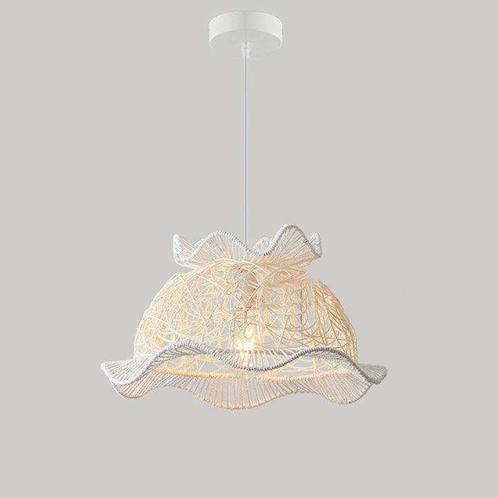 Contemporary Coastal Round Lace Rattan Iron 1-Light Pendant Light For Living Room