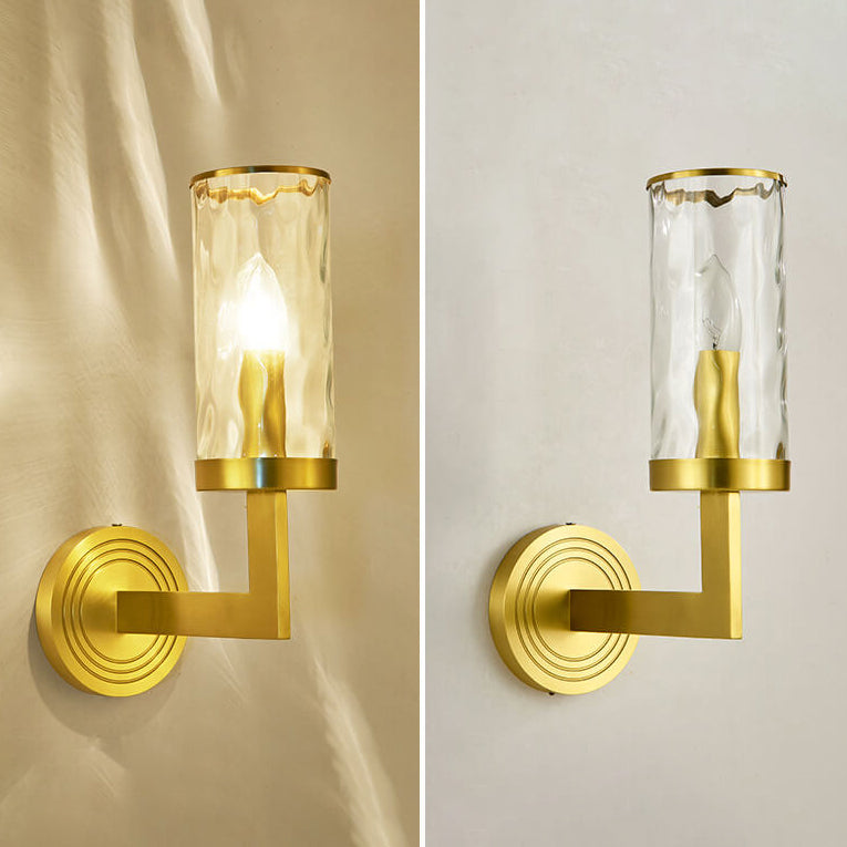 Modern Luxury Textured Glass Cylinder Round Brass 1-Light Wall Sconce Lamp for Living Room