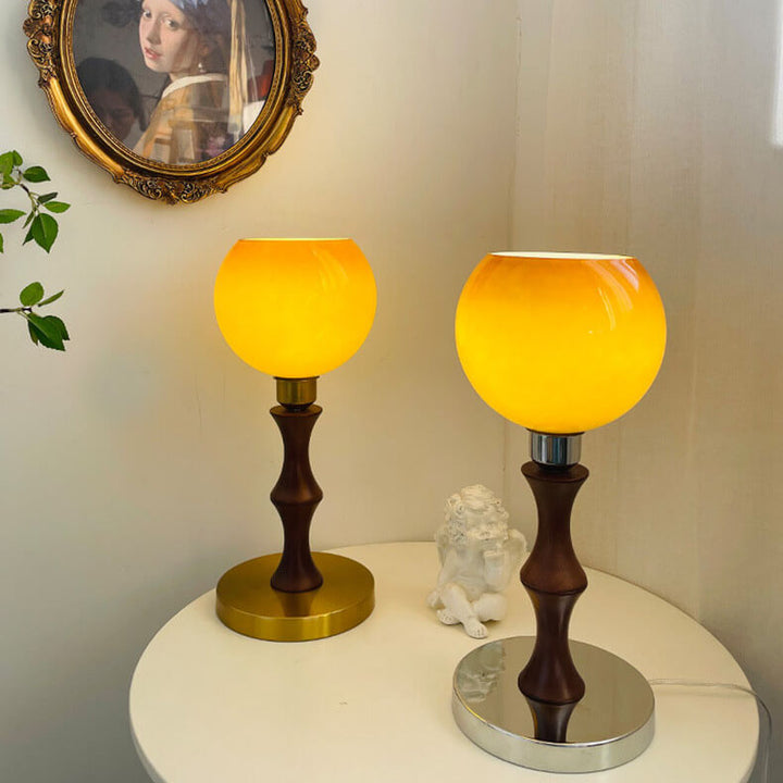 Französische Vintage Kugelglas Holz 1-Licht Tischlampe 