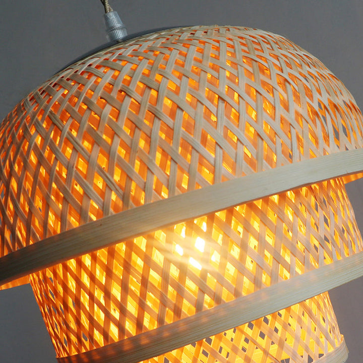 Traditional Chinese Round Bamboo Woven Cylinder 1-Light Pendant Light For Dining Room