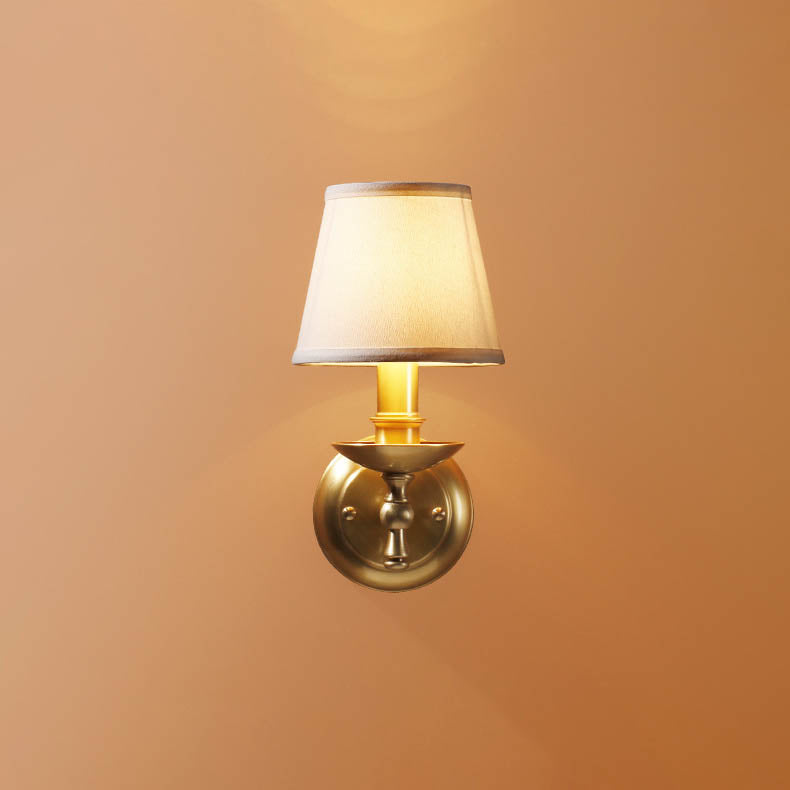 Traditional European Trapezoidal Candelabra Copper Fabric 1-Light Wall Sconce Lamp For Bedroom
