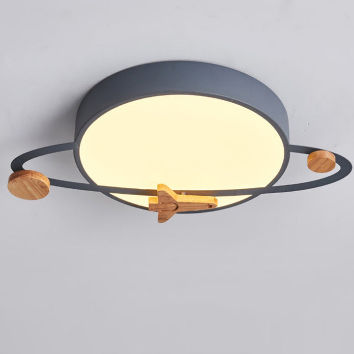 Contemporary Scandinavian Iron Acrylic Wood Round Planet Design LED Kids Flush Mount Ceiling Light For Bedroom
