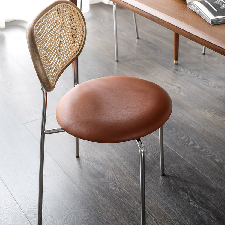 Contemporary Nordic Round PU Leather Faux Rattan Weaving Iron Chair Backrest For Living Room