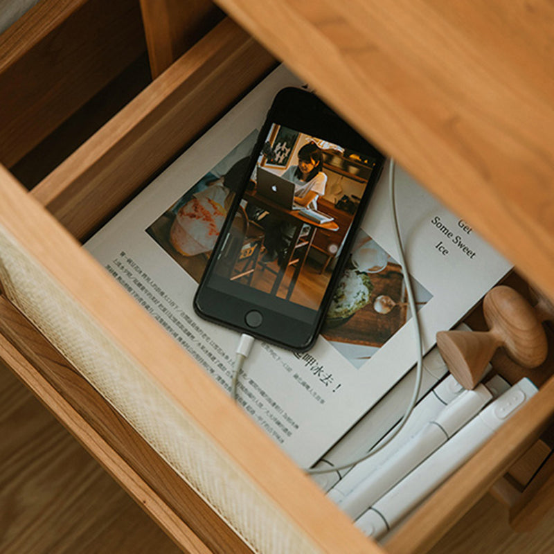 Table de chevet contemporaine rétro carrée en bois massif à 2 tiroirs pour chambre 