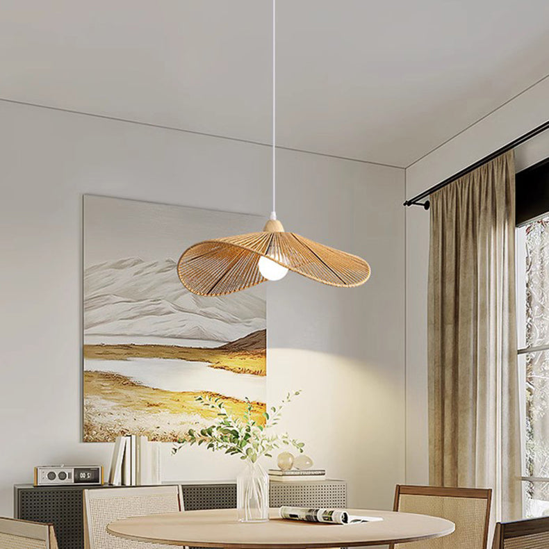 Traditionelle Vintage Holz Papier Seil Weben Strohhut Form 1-Licht Pendelleuchte für Wohnzimmer 