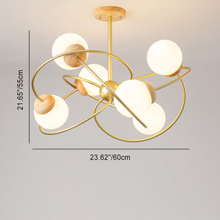 Zeitgenössischer nordischer runder Kronleuchter aus Eisen, Holz und Glas mit 4/6 Lichtern für Wohnzimmer 