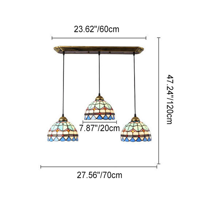 Lámpara colgante de isla de 3 luces con pantalla abovedada de vidrio Tiffany y hierro para sala de estar 