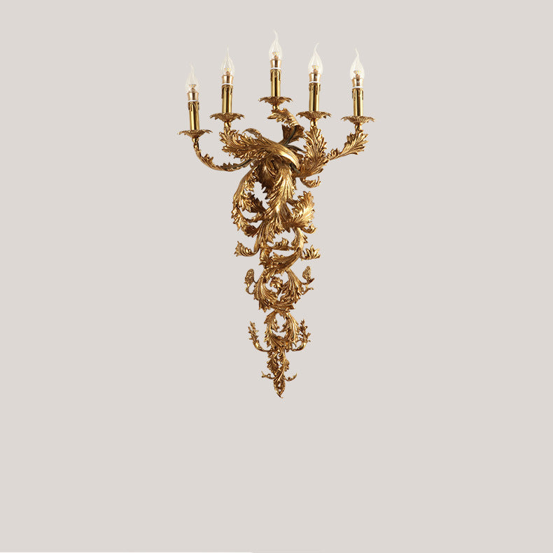 Traditionelle französische Vollkupfer geschnitzte Lampe Arm Palace Kandelaber 5-Licht Wandleuchte Lampe für Wohnzimmer 