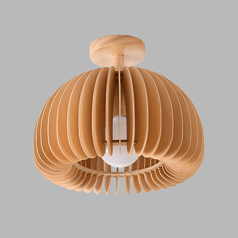 Traditional Japanese Iron Wood Round Grille 1-Light Semi-Flush Mount Ceiling Light For Hallway