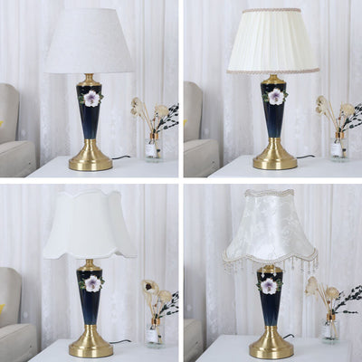 Vintage European Ceramic Floral Pleated Fabric 1-Light Table Lamp