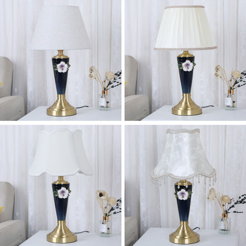 Vintage European Ceramic Floral Pleated Fabric 1-Light Table Lamp