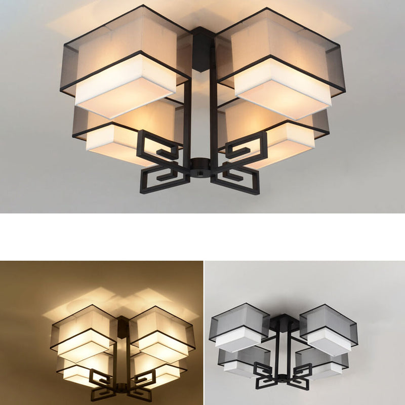 Modern Chinese Fabric Square Geometric Hardware 4-Light Semi-Flush Mount Ceiling Light