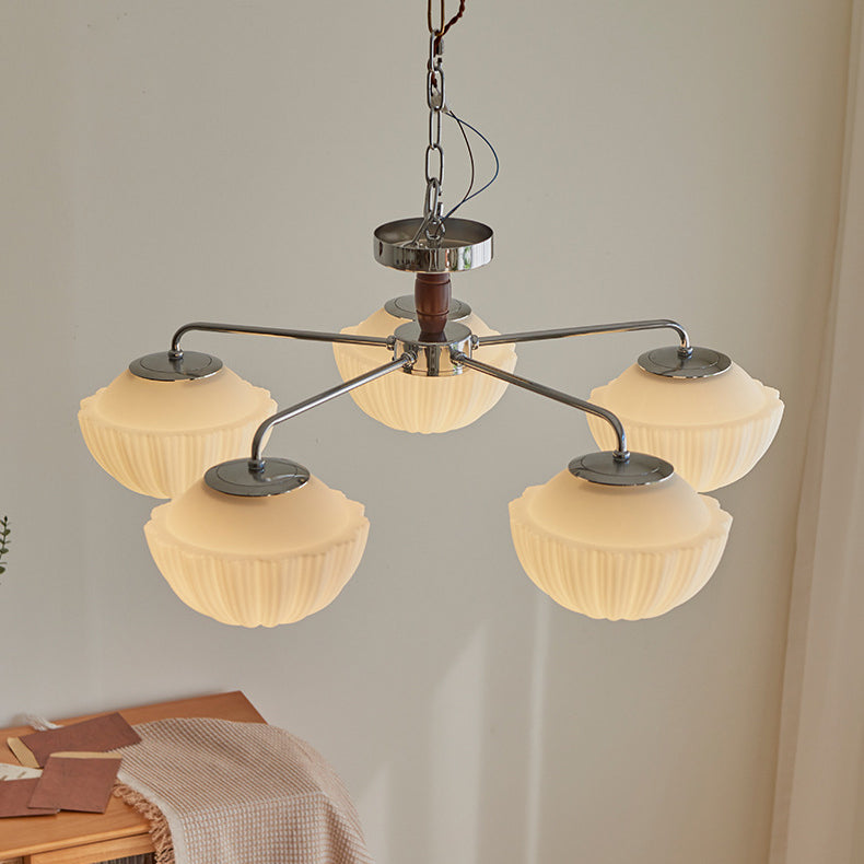 Traditionelle französische Schüssel geripptes Eisen Holz Glas 3/5/8 Licht Halbbündige Deckenleuchte für Wohnzimmer 