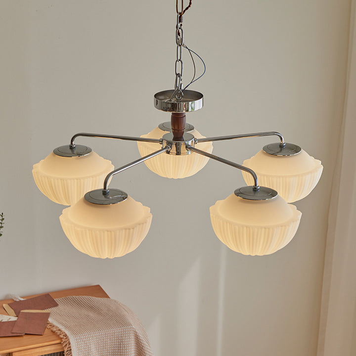 Traditionelle französische Schüssel geripptes Eisen Holz Glas 3/5/8 Licht Halbbündige Deckenleuchte für Wohnzimmer 