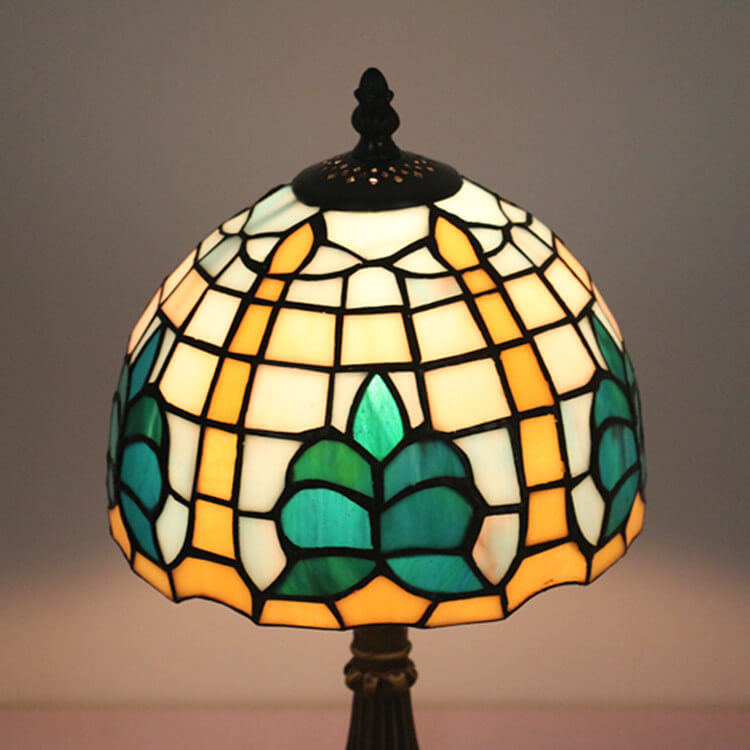 Tiffany Retro Mediterrane Blätter Buntglas 1-Licht Tischlampe 