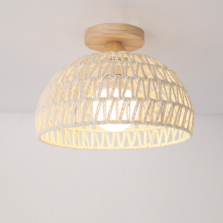 Traditional Japanese Half Round Solid Wood Rattan 1-Light Semi-Flush Mount Ceiling Light For Living Room