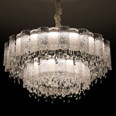 Traditionelle französische runde Ripple-Metallkristallglas-LED-Kronleuchter für Wohnzimmer 