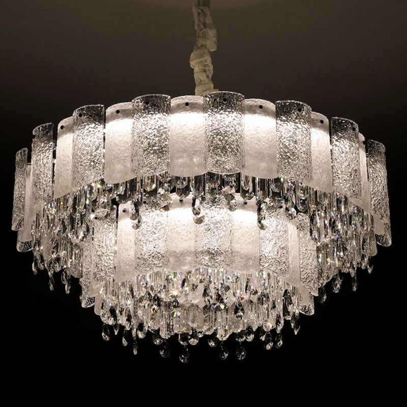 Traditionelle französische runde Ripple-Metallkristallglas-LED-Kronleuchter für Wohnzimmer 