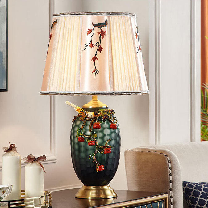 Retro Chinesische Kupfer Emaille Farbe Stoffschirm 1-Licht Tischlampe 