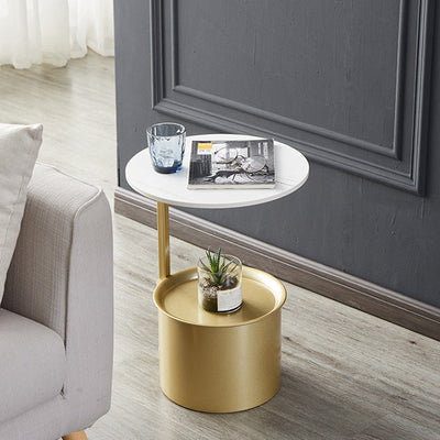 Table d'appoint moderne minimaliste ronde en fer avec plateau en pierre - 1 rangement pour salon 