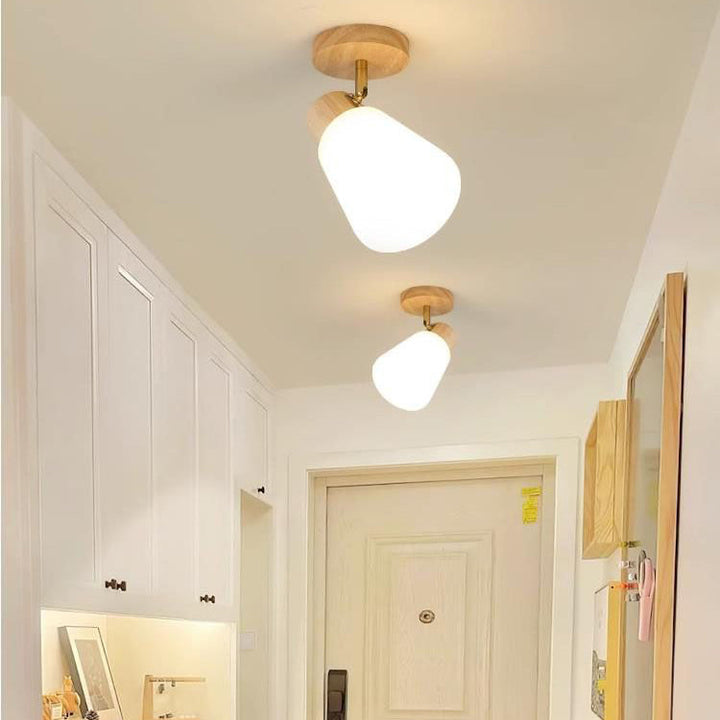 Traditional Vintage Rubberwood Glass Trumpet Shade 1/2/3/4-Light Semi-Flush Mount Ceiling Light For Living Room
