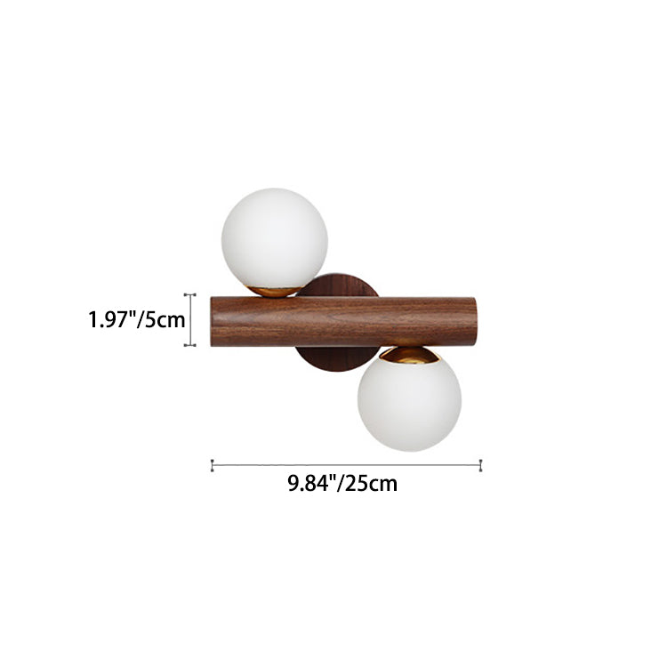 Traditional Japanese Metal Rubber Wood Walnut Glass Cylinder Strip Ball 2-Light Wall Sconce Lamp For Bedside
