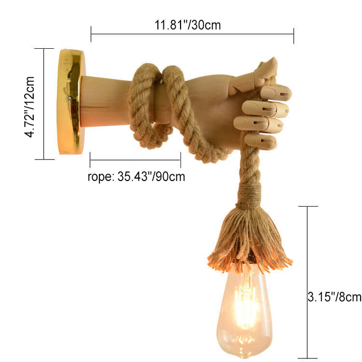 Vintage kreative Handform-Lampe Arm Hanfseil Zwirn 1-Licht Wandleuchte 
