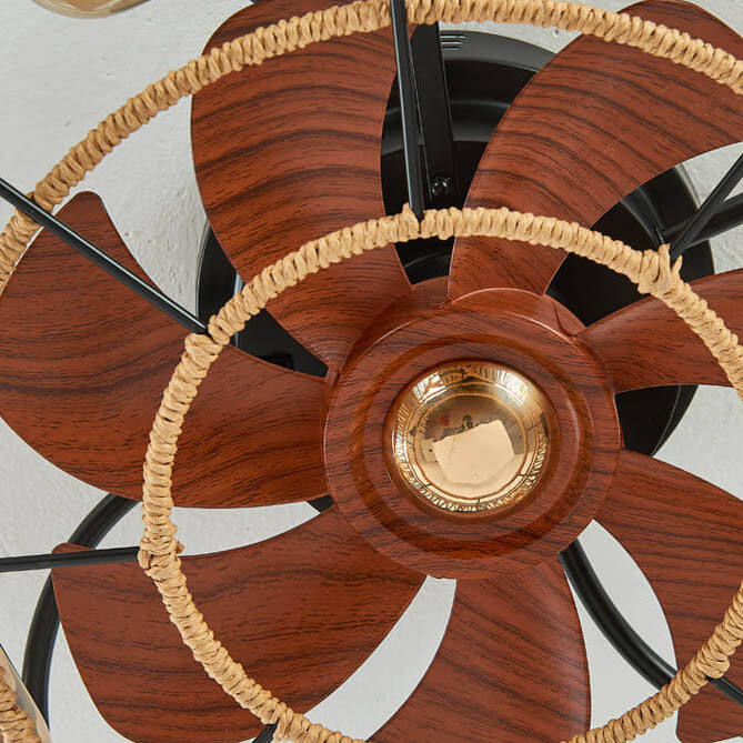 Traditionelle rustikale runde Trommel Eisen Hanfseil 4-Licht Semi-Flush Mount Deckenventilator Licht für das Schlafzimmer 