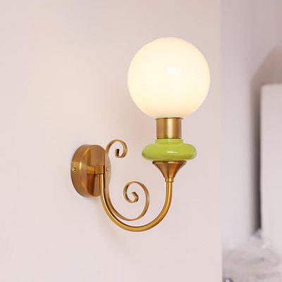 French Pastoral Iron Golden Finish Frame Spherical Glass 1-Light Wall Sconce Lamp