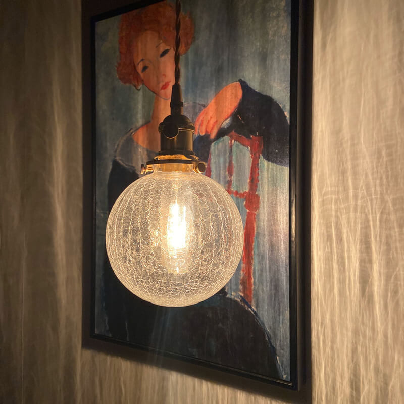 Traditional Vintage Round Crackle Glass Brass Iron 1-Light Pendant Light for Living Room
