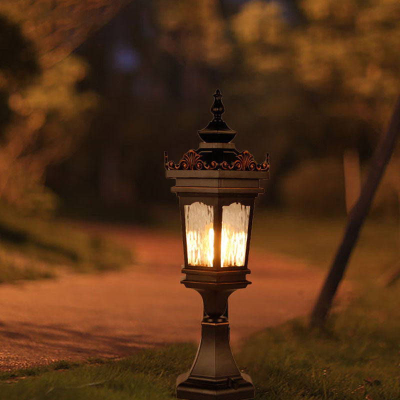 Luz de Poste de Cabeza de 1 Luz de Vidrio de Aluminio Cilíndrico Hexagonal Europeo Tradicional para Patio Exterior 