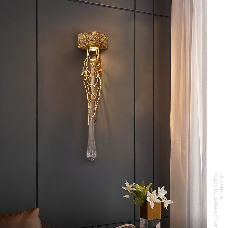 Moderne Luxus-Quadrat-Träne Kupfer Kristall 1-Licht Wandleuchte Lampe für Schlafzimmer 