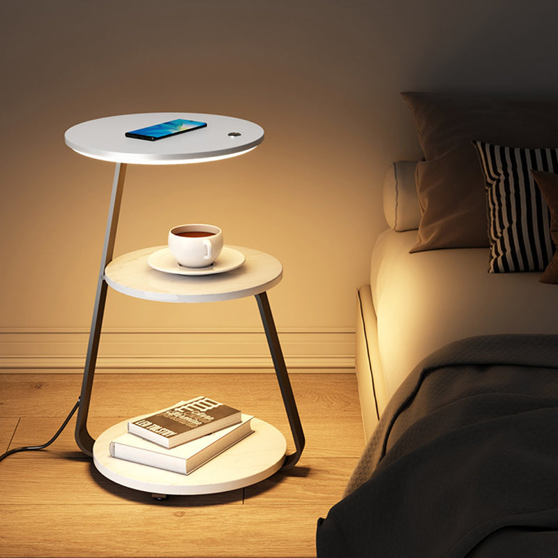 Table de chevet contemporaine nordique ronde en noyer et marbre avec fer, charge sans fil pour téléphone mobile, 2 niveaux pour le chevet 