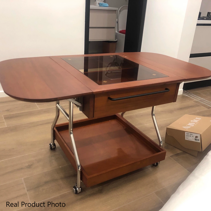Table basse contemporaine rétro rectangulaire en bois, verre et métal avec 3 rangements pour salon 