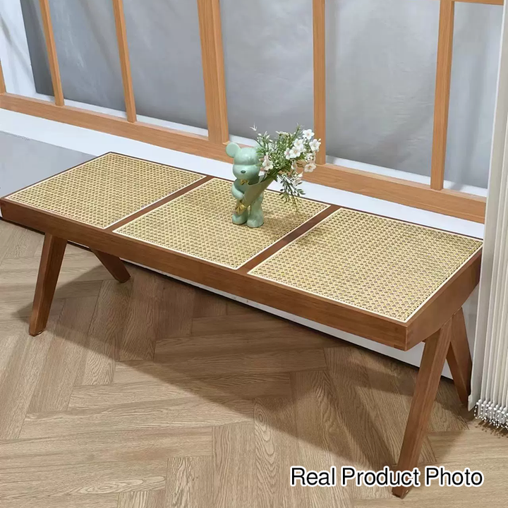 Banc rectangulaire en bois de caoutchouc japonais traditionnel et rotin avec pieds en V et siège tissé à la main pour entrée et salon 