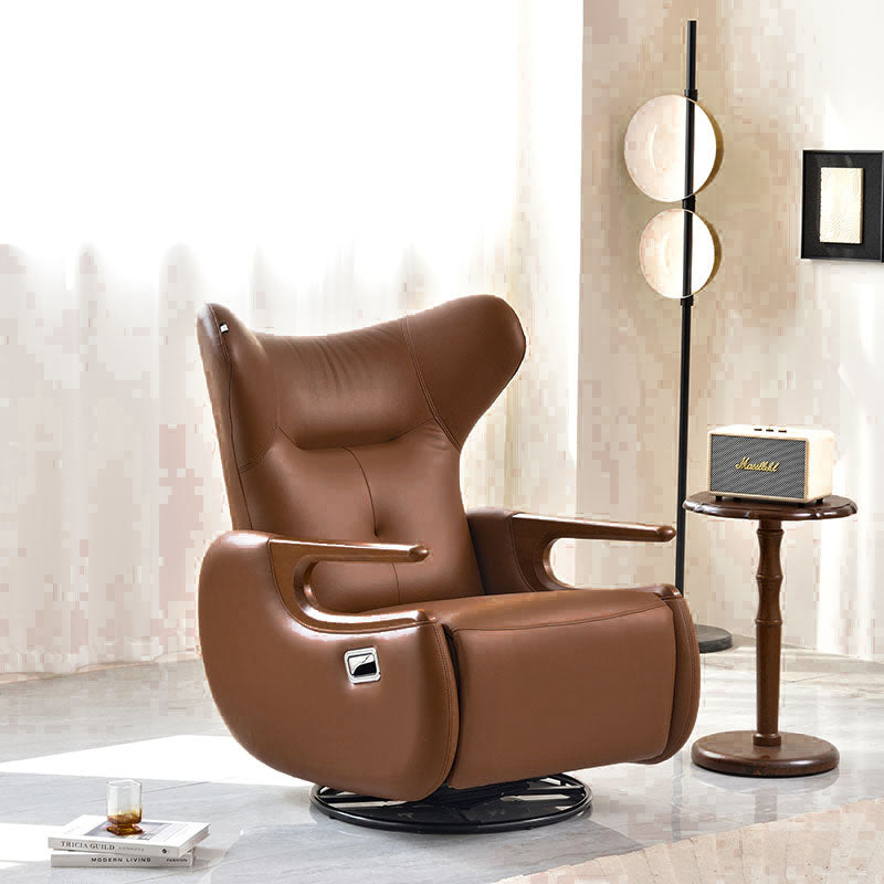 Retro Eco Leather &amp; Solid Wood Metal Swivel Recliner Lounge Chair - Adjustable Rocking Accent Chair With Oak Armrests And Footrests