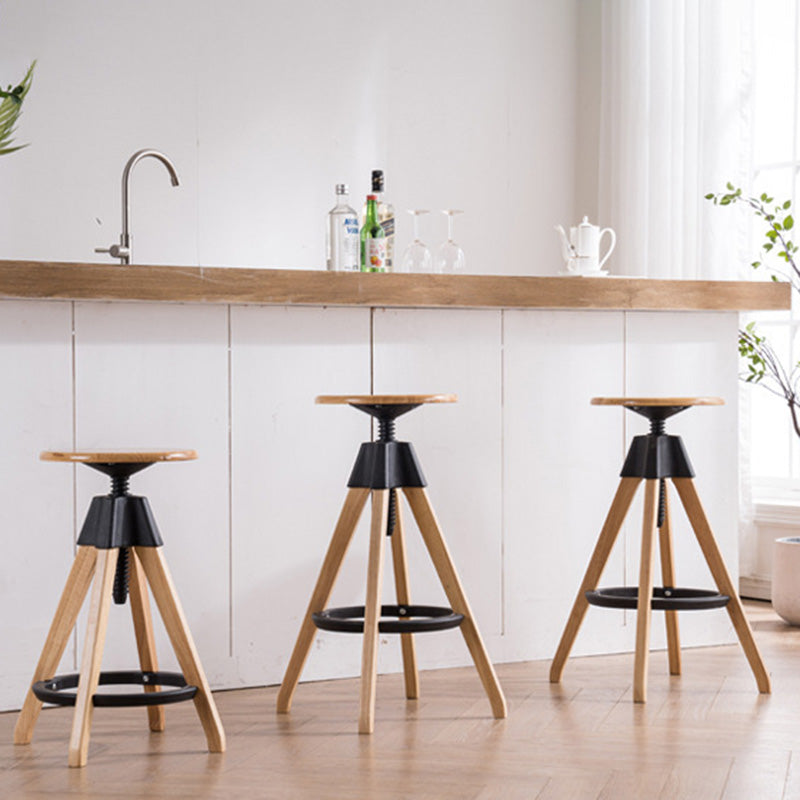 Traditioneller Vintage-Thekenhocker aus Gummibaumholz, rund, mit höhenverstellbarer Nylon-Gewindestange, drehbar, mit Fußstütze, für die Küche 