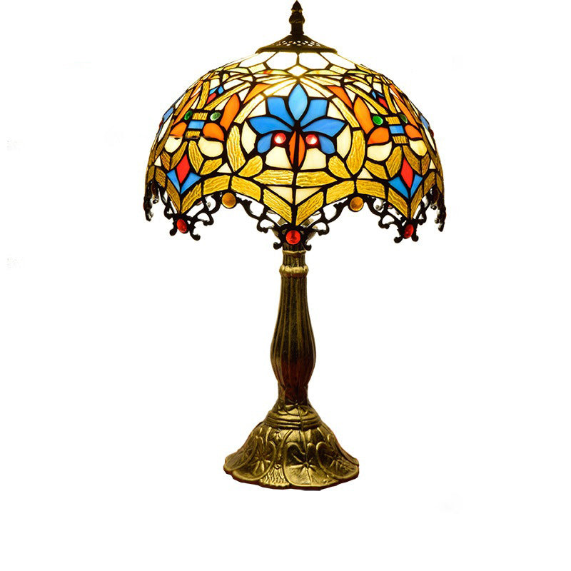 Traditional Vintage Flower Gemstone Stained Glass 1-Light Table Lamp For Living Room