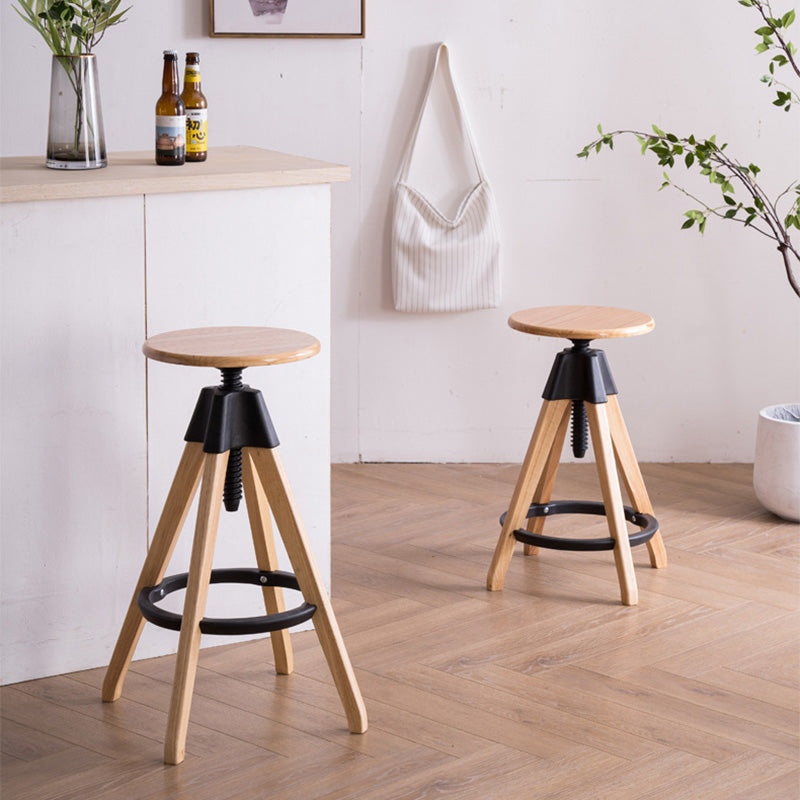 Traditioneller Vintage-Thekenhocker aus Gummibaumholz, rund, mit höhenverstellbarer Nylon-Gewindestange, drehbar, mit Fußstütze, für die Küche 