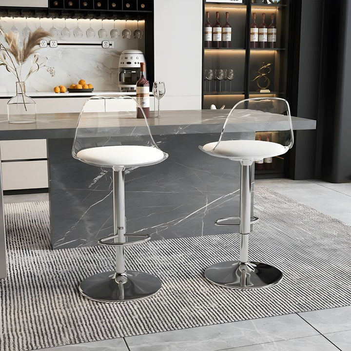 Zeitgenössischer skandinavischer gebogener Acryl-Metallfuß verstellbarer drehbarer Barhocker mit Rückenlehne und Fußstütze für die Küche 